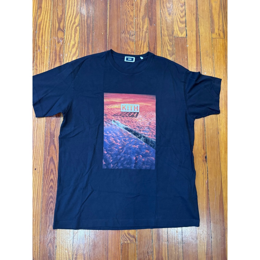 Kith Mens Navy Blue Graphic Sunset Cloud Print Short Sleeve Tee Shirt Large